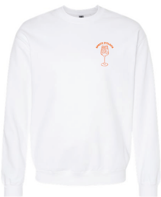 White long-sleeve shirt with orange logo on a white background